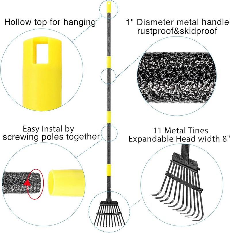 Oliynedy Adjustable Metal Garden Rake for Leaves - Long Handle 30-60", 11 Tines 9" Wide - Small Lawn Collapsible Yard Rake for Adults and Kids - Camping, Flower Beds, Mulch, Shrub - Image 2